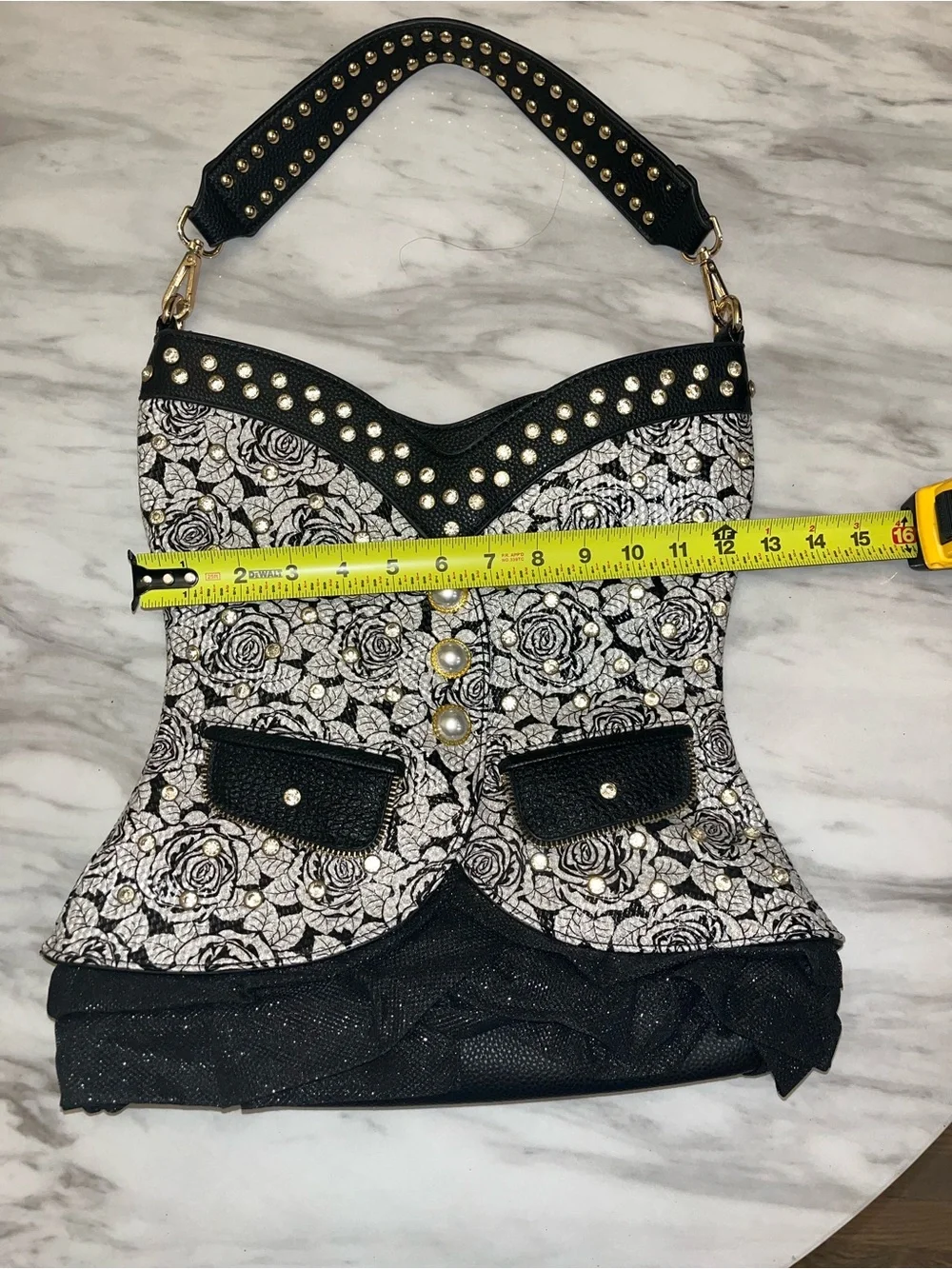 Black & White Rose Studded Corset-Style Shoulder Bag - Picture 13 of 13